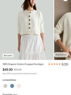 NWOT Quince Ivory Cropped Organic Cotton Cardigan